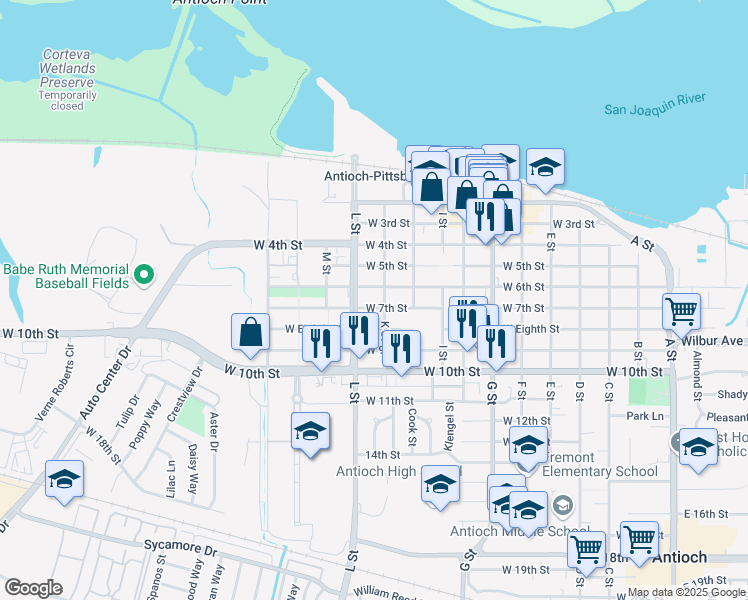 map of restaurants, bars, coffee shops, grocery stores, and more near in Antioch