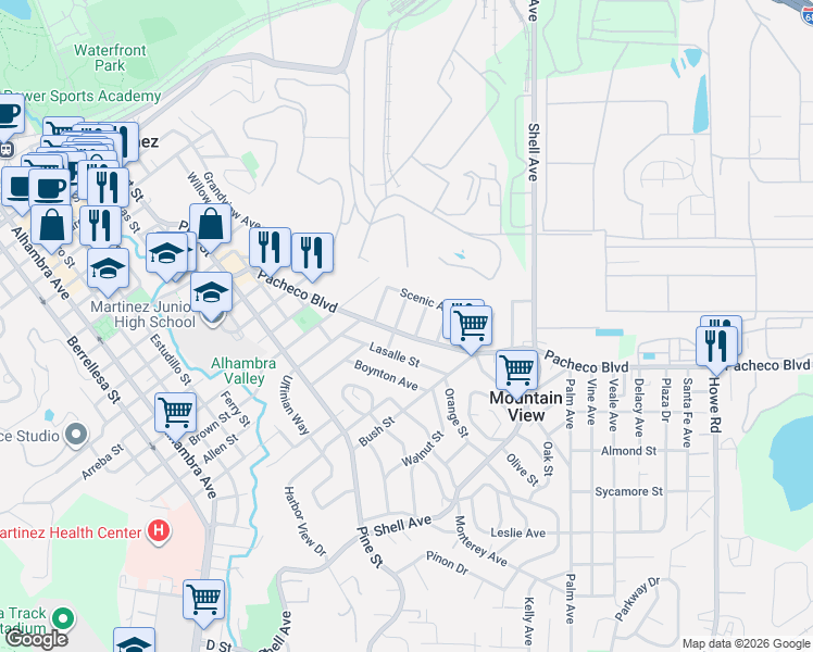 map of restaurants, bars, coffee shops, grocery stores, and more near 2110 Pacheco Boulevard in Martinez