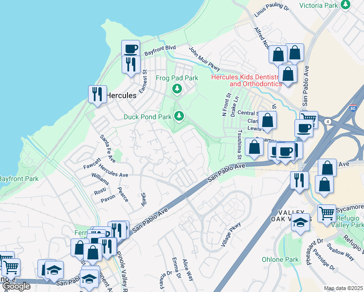 map of restaurants, bars, coffee shops, grocery stores, and more near 193 Ridgeview Terrace in Hercules
