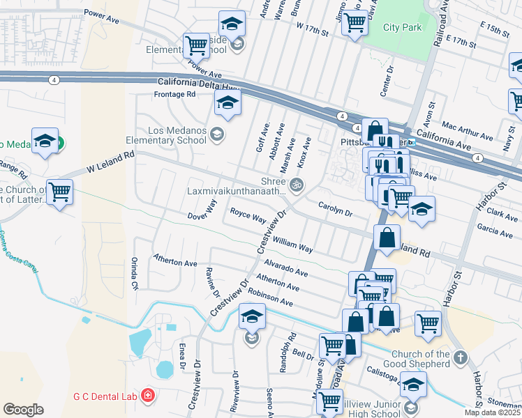 map of restaurants, bars, coffee shops, grocery stores, and more near 207 Thomas Way in Pittsburg
