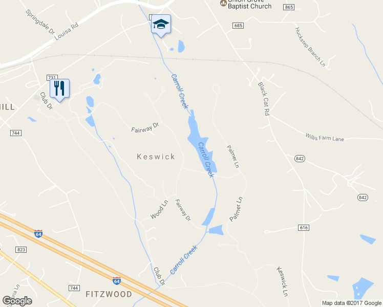 map of restaurants, bars, coffee shops, grocery stores, and more near 4040 Fairway Drive in Keswick