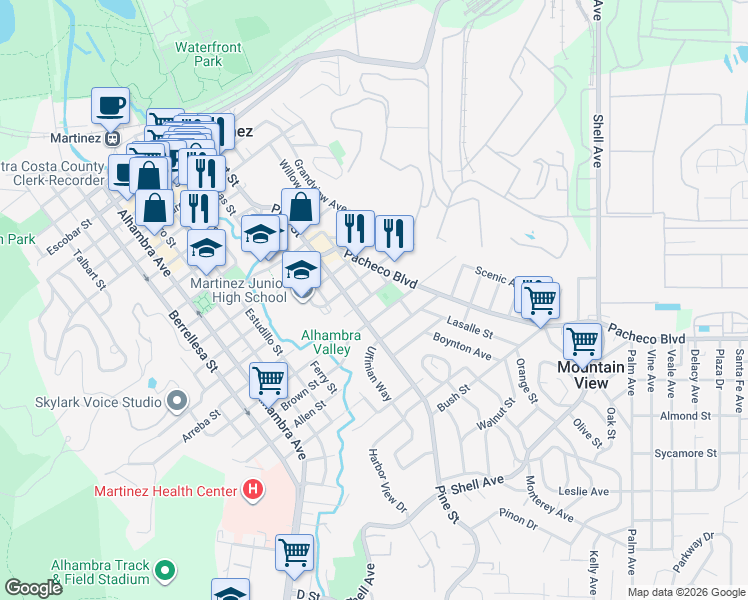 map of restaurants, bars, coffee shops, grocery stores, and more near 1140 Arreba Street in Martinez