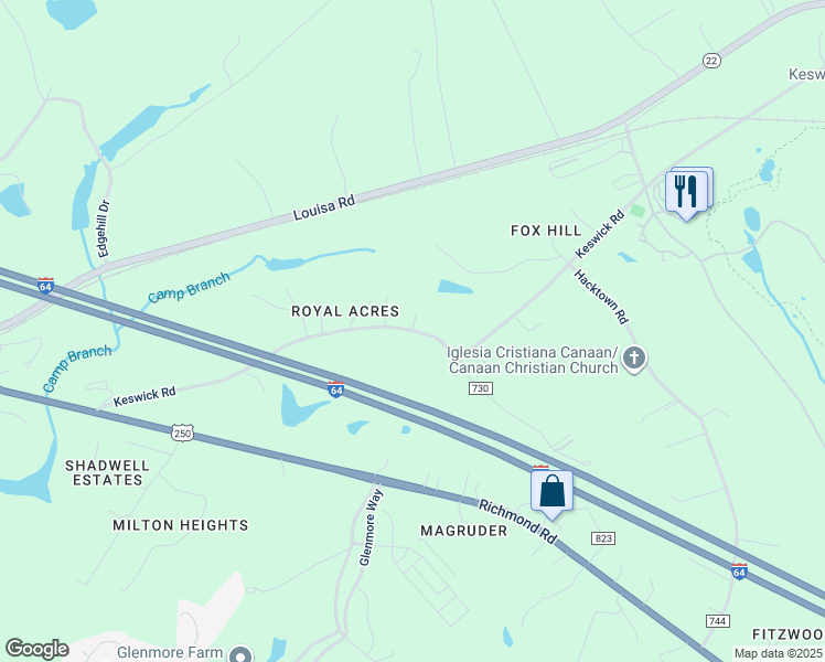 map of restaurants, bars, coffee shops, grocery stores, and more near 3495 Keswick Road in Keswick