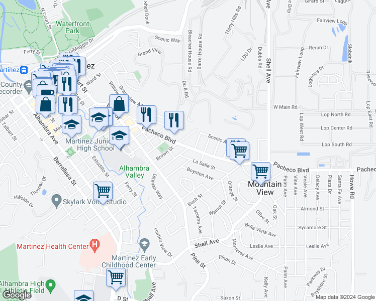 map of restaurants, bars, coffee shops, grocery stores, and more near 1352 Ulfinian Way in Martinez