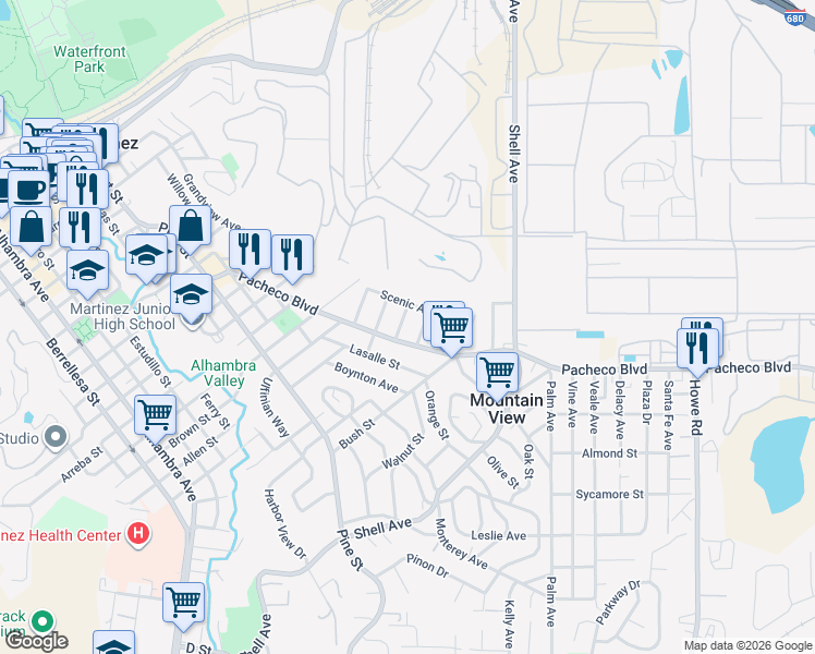 map of restaurants, bars, coffee shops, grocery stores, and more near 2110 Pacheco Boulevard in Martinez