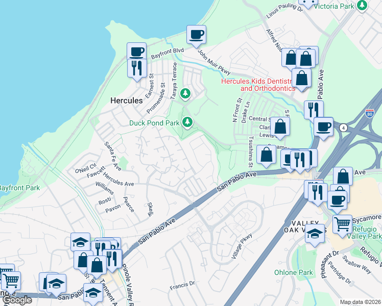 map of restaurants, bars, coffee shops, grocery stores, and more near 193 Ridgeview Terrace in Hercules