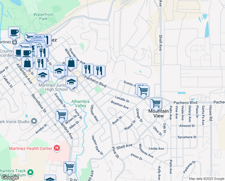 map of restaurants, bars, coffee shops, grocery stores, and more near 1362 Ulfinian Way in Martinez