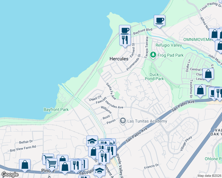 map of restaurants, bars, coffee shops, grocery stores, and more near Santa Fe Avenue in Hercules
