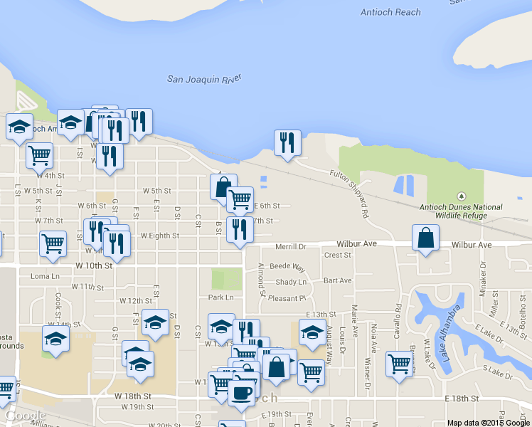 map of restaurants, bars, coffee shops, grocery stores, and more near 33 East 7th Street in Antioch