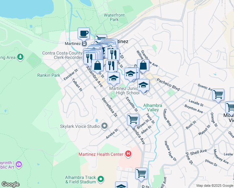 map of restaurants, bars, coffee shops, grocery stores, and more near 1301 Alhambra Avenue in Martinez