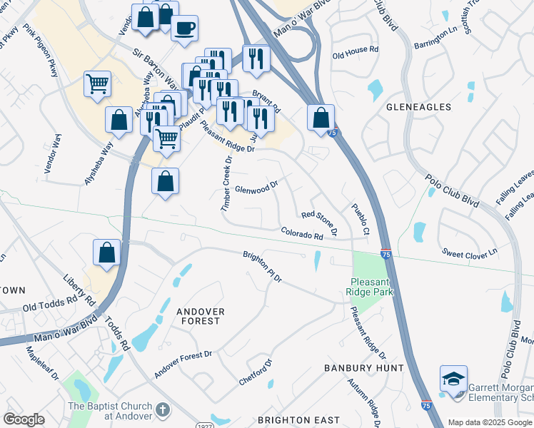 map of restaurants, bars, coffee shops, grocery stores, and more near 1775 Timber Creek Drive in Lexington