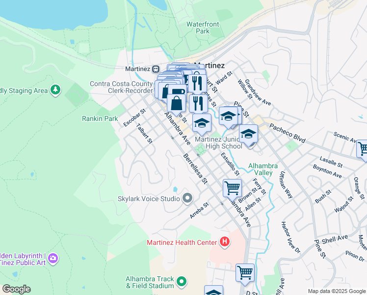 map of restaurants, bars, coffee shops, grocery stores, and more near 404-408 Henrietta Street in Martinez