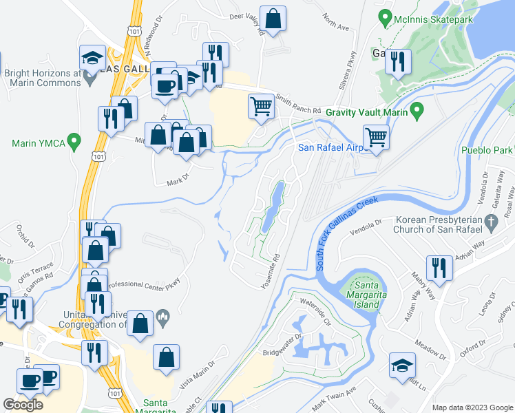 map of restaurants, bars, coffee shops, grocery stores, and more near 220 Yosemite Road in San Rafael