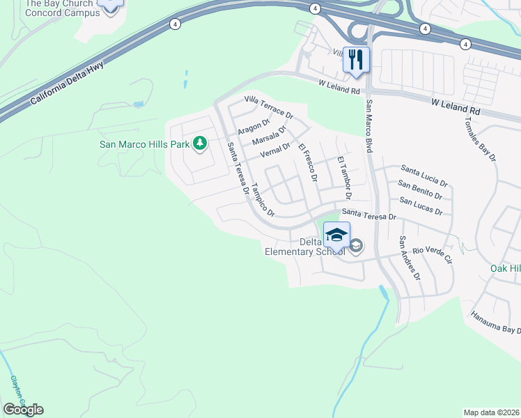 map of restaurants, bars, coffee shops, grocery stores, and more near 2610 Tampico Drive in Pittsburg