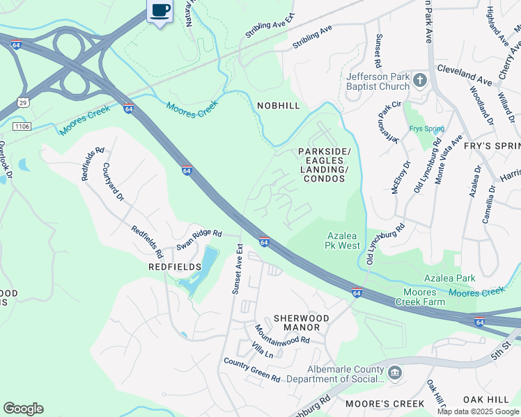 map of restaurants, bars, coffee shops, grocery stores, and more near 1221 Silverbell Terrace in Charlottesville