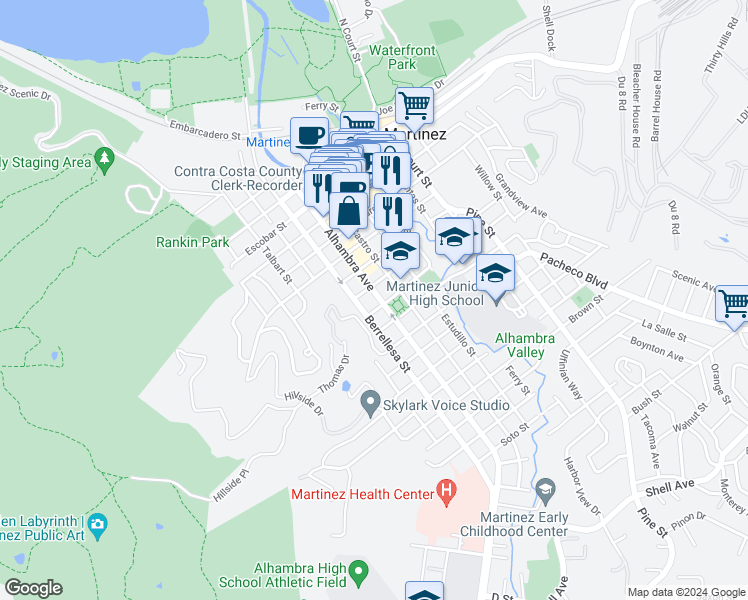 map of restaurants, bars, coffee shops, grocery stores, and more near 1112 Alhambra Avenue in Martinez