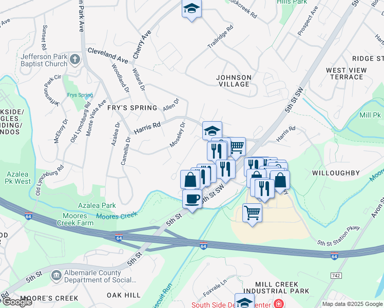 map of restaurants, bars, coffee shops, grocery stores, and more near 112 Longwood Drive in Charlottesville