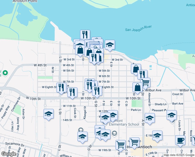 map of restaurants, bars, coffee shops, grocery stores, and more near 523 West 6th Street in Antioch