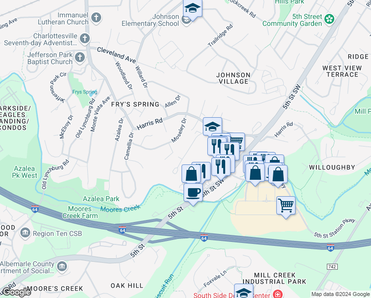 map of restaurants, bars, coffee shops, grocery stores, and more near 117 Longwood Drive in Charlottesville