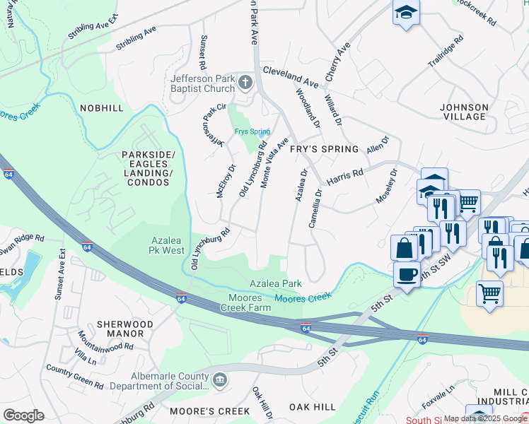 map of restaurants, bars, coffee shops, grocery stores, and more near 238 Monte Vista Avenue in Charlottesville