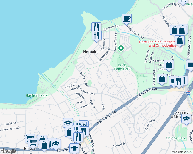 map of restaurants, bars, coffee shops, grocery stores, and more near 211 Apollo in Hercules