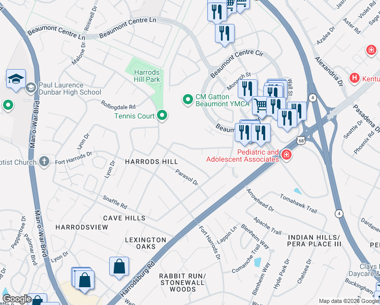 map of restaurants, bars, coffee shops, grocery stores, and more near 3253 Mantilla Drive in Lexington