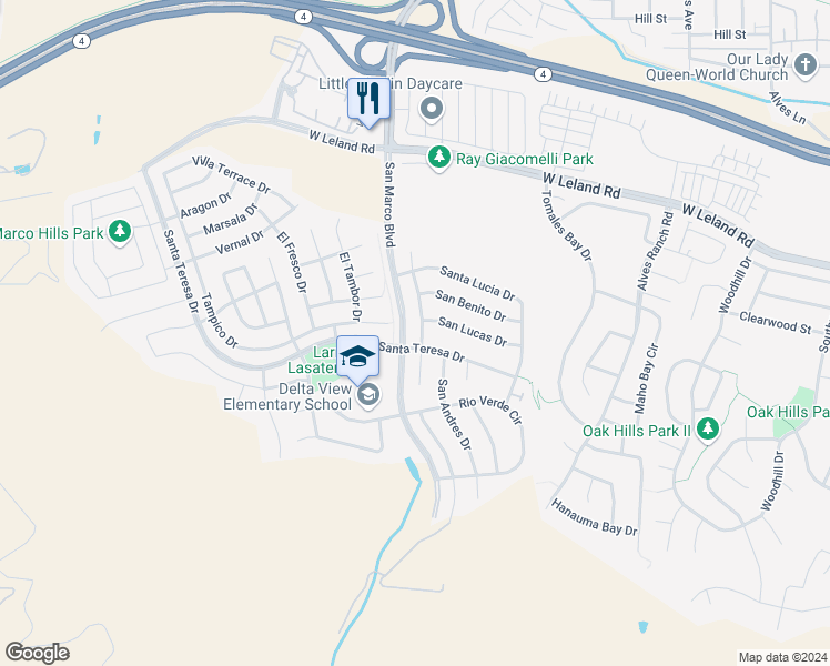map of restaurants, bars, coffee shops, grocery stores, and more near 179 San Tomas Drive in Pittsburg
