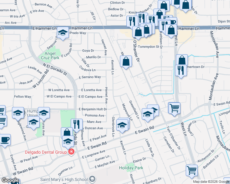 map of restaurants, bars, coffee shops, grocery stores, and more near 6716 Kermit Lane in Stockton