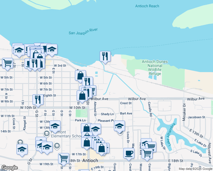 map of restaurants, bars, coffee shops, grocery stores, and more near 112 East 6th Street in Antioch