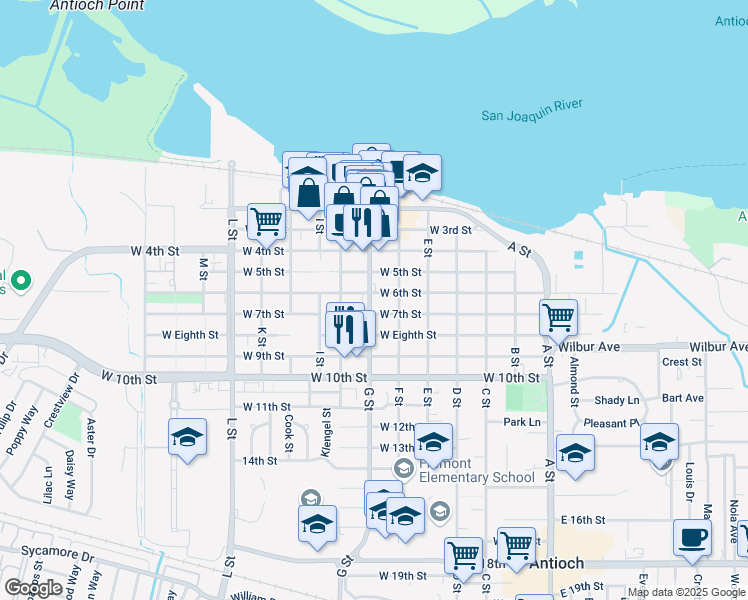 map of restaurants, bars, coffee shops, grocery stores, and more near 509 G Street in Antioch