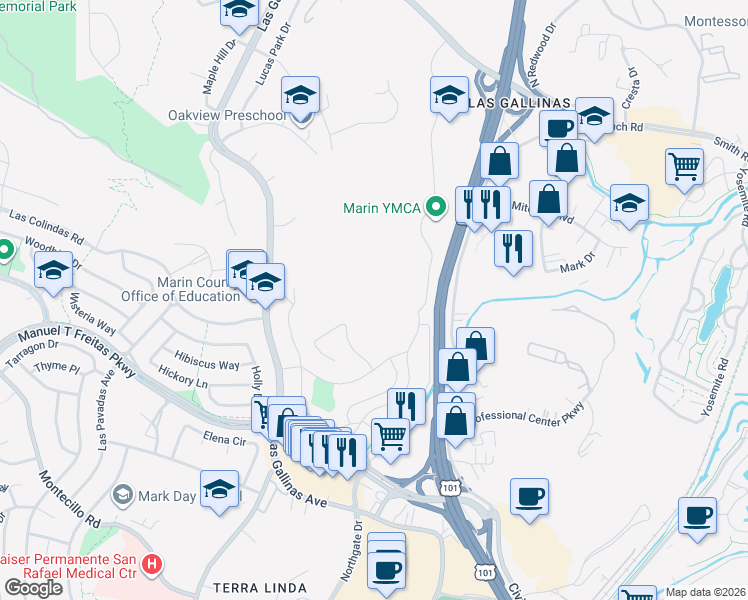 map of restaurants, bars, coffee shops, grocery stores, and more near 330 Orchid Dr in San Rafael