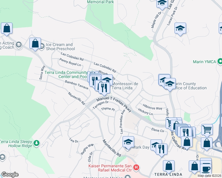 map of restaurants, bars, coffee shops, grocery stores, and more near 588 Wakerobin Lane in San Rafael