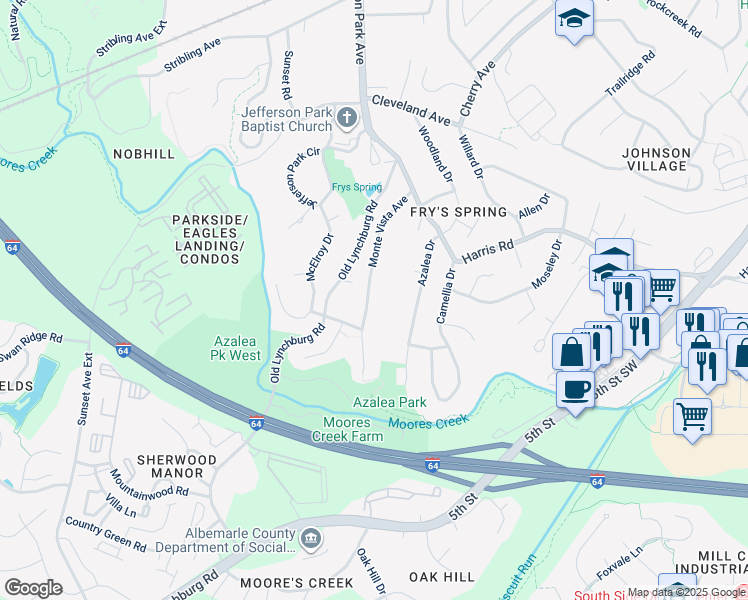 map of restaurants, bars, coffee shops, grocery stores, and more near 238 Monte Vista Avenue in Charlottesville