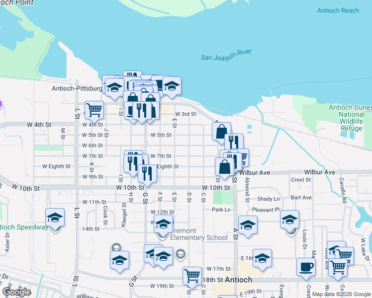 map of restaurants, bars, coffee shops, grocery stores, and more near 301 West 6th Street in Antioch