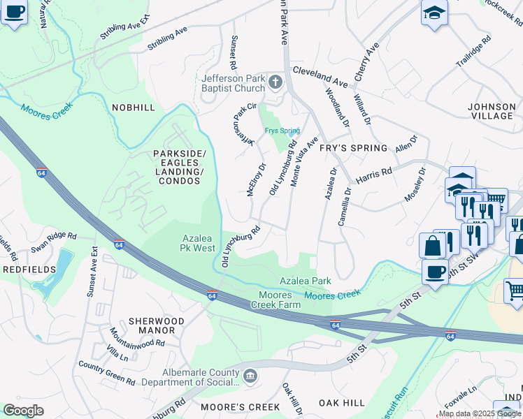 map of restaurants, bars, coffee shops, grocery stores, and more near Old Lynchburg Road in Charlottesville