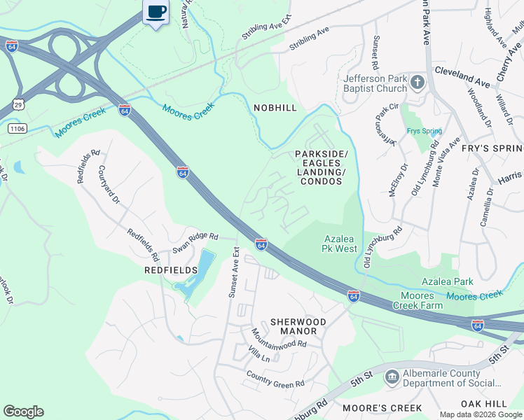 map of restaurants, bars, coffee shops, grocery stores, and more near 1320 Silverbell Terrace in Charlottesville