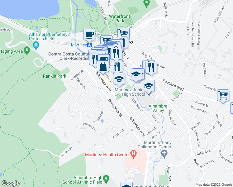 map of restaurants, bars, coffee shops, grocery stores, and more near 500-598 Henrietta Street in Martinez