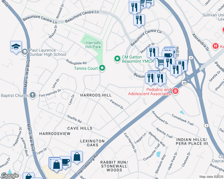 map of restaurants, bars, coffee shops, grocery stores, and more near 3253 Mantilla Drive in Lexington