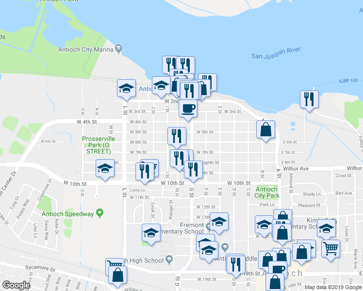 map of restaurants, bars, coffee shops, grocery stores, and more near 619 West 6th Street in Antioch