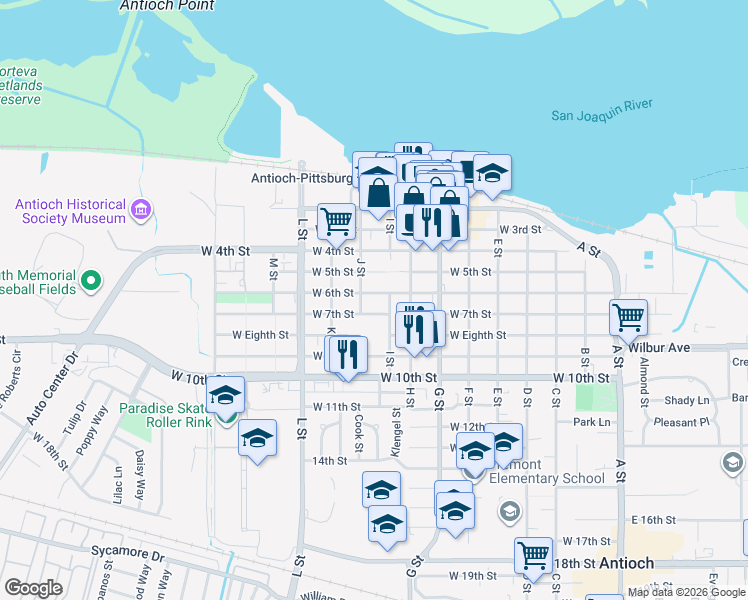 map of restaurants, bars, coffee shops, grocery stores, and more near 811 West 5th Street in Antioch