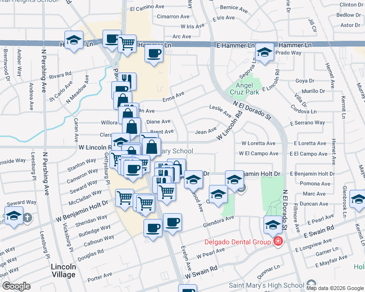 map of restaurants, bars, coffee shops, grocery stores, and more near 518 West Lincoln Road in Stockton