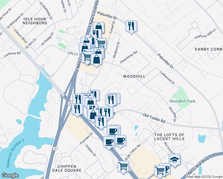 map of restaurants, bars, coffee shops, grocery stores, and more near 307 Alsab Court in Lexington