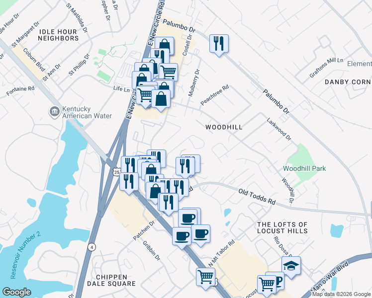 map of restaurants, bars, coffee shops, grocery stores, and more near 289 Alsab Court in Lexington