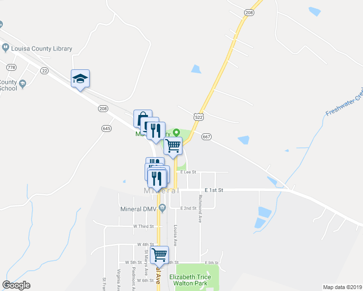 map of restaurants, bars, coffee shops, grocery stores, and more near 1 Saint Cecilia Avenue in Mineral