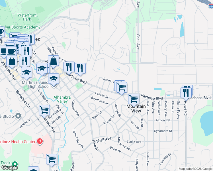 map of restaurants, bars, coffee shops, grocery stores, and more near 2020 Scenic Avenue in Martinez