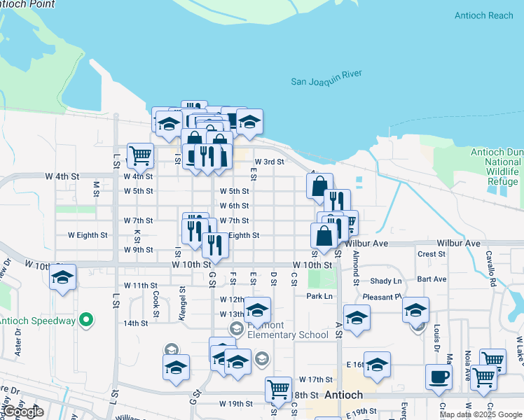 map of restaurants, bars, coffee shops, grocery stores, and more near 315 West 6th Street in Antioch