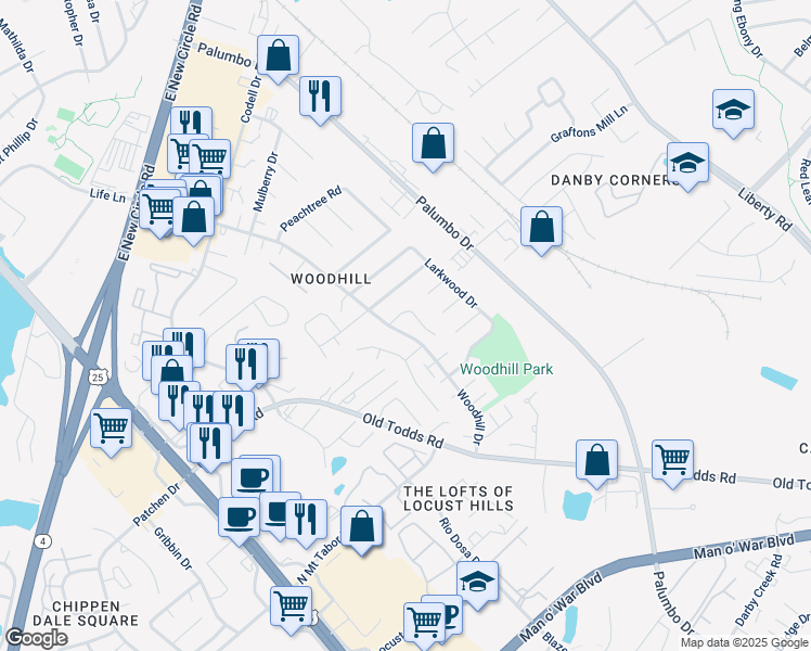 map of restaurants, bars, coffee shops, grocery stores, and more near 2587 Woodhill Drive in Lexington