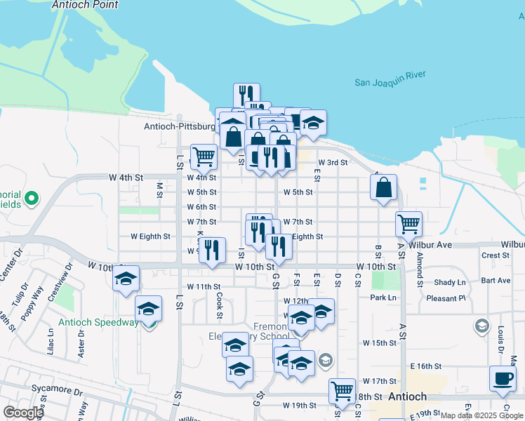 map of restaurants, bars, coffee shops, grocery stores, and more near 619 West 6th Street in Antioch