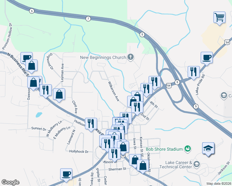 map of restaurants, bars, coffee shops, grocery stores, and more near 200 Nichols Lane in Camdenton