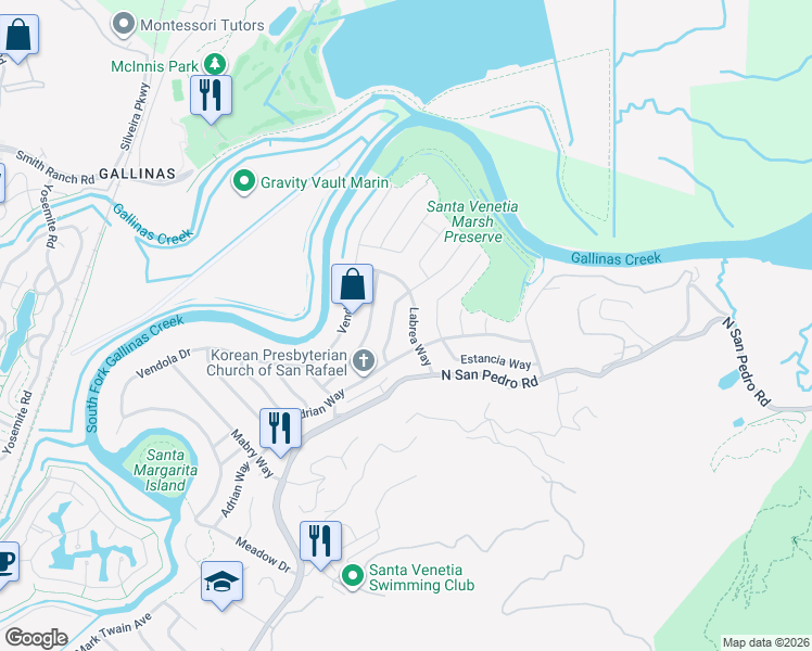 map of restaurants, bars, coffee shops, grocery stores, and more near 675 Rosal Way in San Rafael